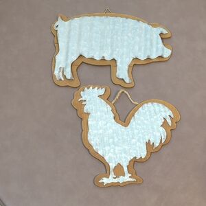Galvanized Tin On Pressed Board  Rooster And Pig Wall Hangings